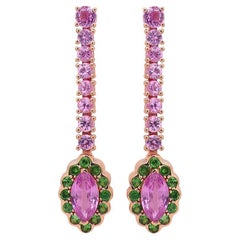 Boucles d'oreilles en or rose 18 carats, saphir rose, grenat vert, perle blanche et pierres multiples