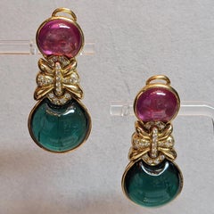 Pink Sapphire, Green Tourmaline & Diamond Drop Earrings, 18k Gold