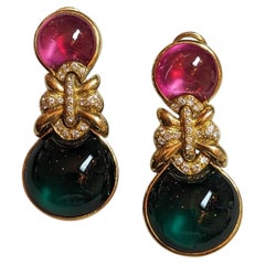 Pink Sapphire, Green Tourmaline & Diamond Drop Earrings, 18k Gold