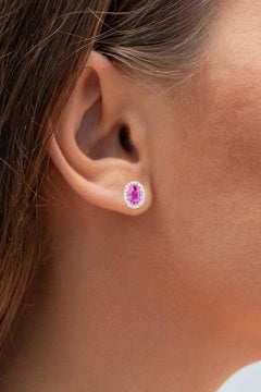 Pink Sapphire Halo Earrings With Diamonds 1.46 Carats 14K Yellow Gold