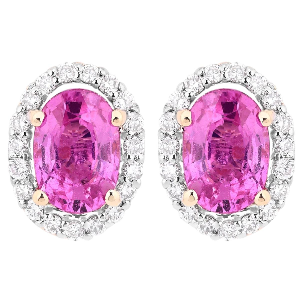Pendientes Halo Zafiro Rosa Con Diamantes 1,46 Quilates Oro Amarillo 14K
