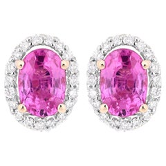 Pink Sapphire Halo Earrings With Diamonds 1.46 Carats 14K Yellow Gold