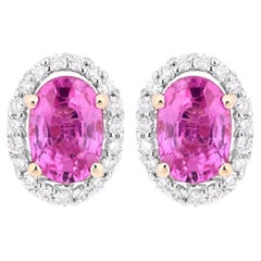 Pink Sapphire Halo Earrings With Diamonds 1.46 Carats 14K Yellow Gold