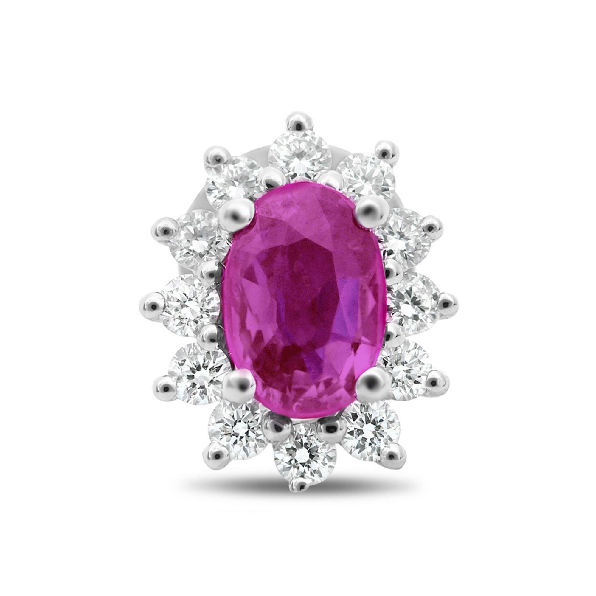 At the center of these eye-catching 18 karat white gold stud earrings rest 1.25 carats of brilliant oval cut pink sapphires. A sparkling halo of white diamonds surrounds each center stone with a total weight of 0.40 carats of round cut white