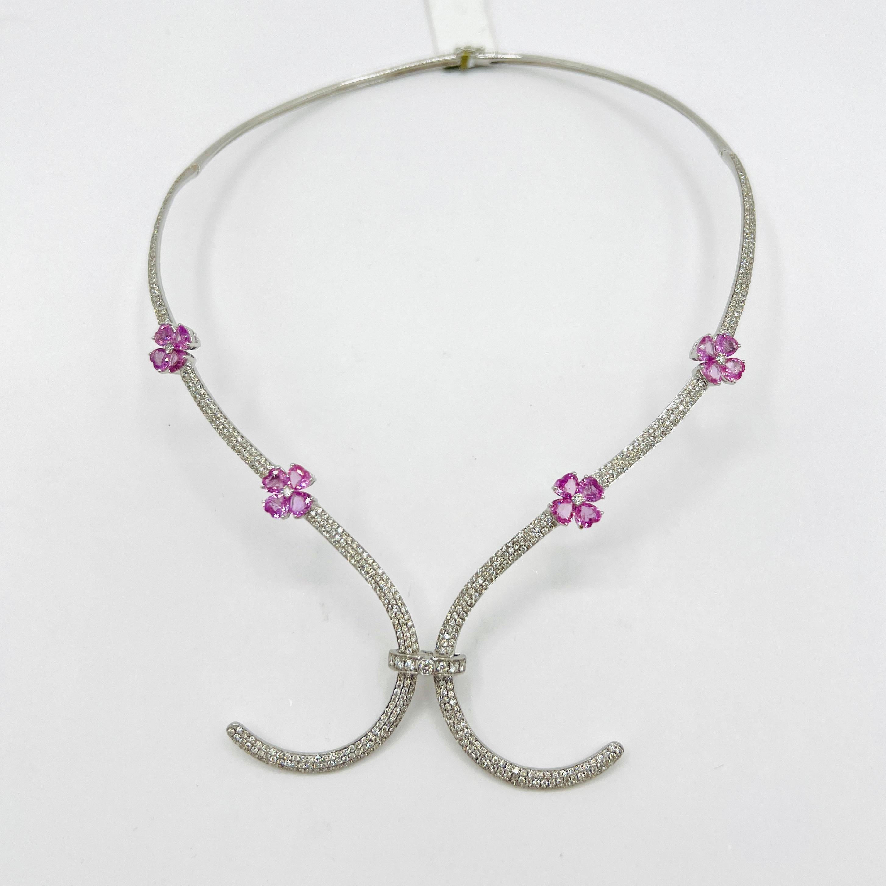 Women's or Men's Pink Sapphire Heart and White Diamond Necklace in 18K White Gold