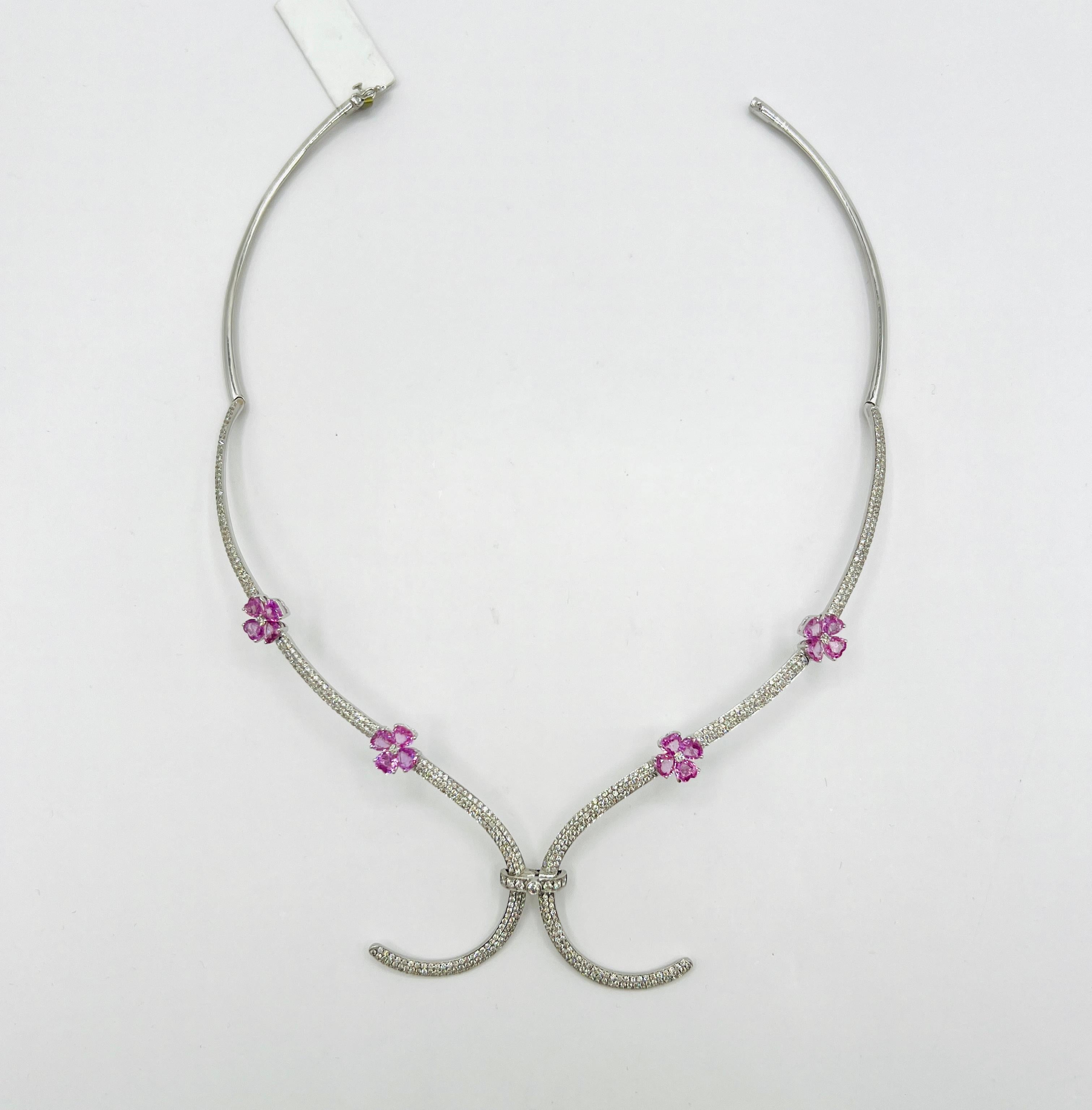 Pink Sapphire Heart and White Diamond Necklace in 18K White Gold 2