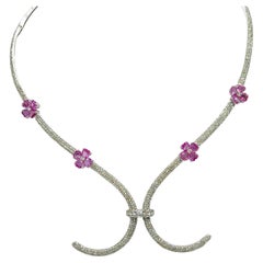 Pink Sapphire Heart and White Diamond Necklace in 18K White Gold