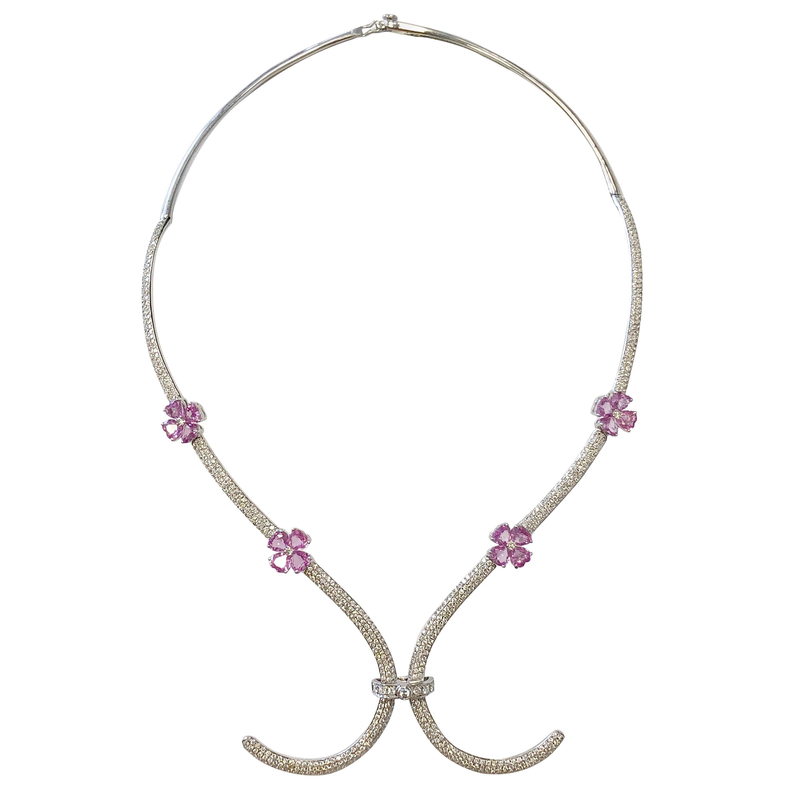 Heart Design White Diamond Necklace in 18 Karat White Gold For Sale at