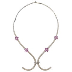 Pink Sapphire Heart and White Diamond Round Necklace in 18 Karat White Gold