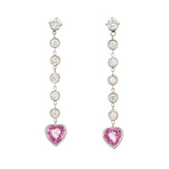 Pink Sapphire Heart Earrings Diamond Estate 14k White Gold 1.25" Drops Jewelry