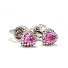 Pink Sapphire Heart Earrings  Diamonds  Natural 18k W Gold  Gift Girl  Rock