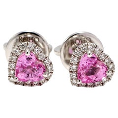 Pink Sapphire Heart Earrings  Diamonds  Natural 18k W Gold  Gift Girl  Rock