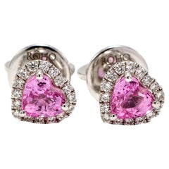 Boucles d'oreilles coeur saphir rose  Diamants  Or naturel 18k W  Cadeau fille  Rock