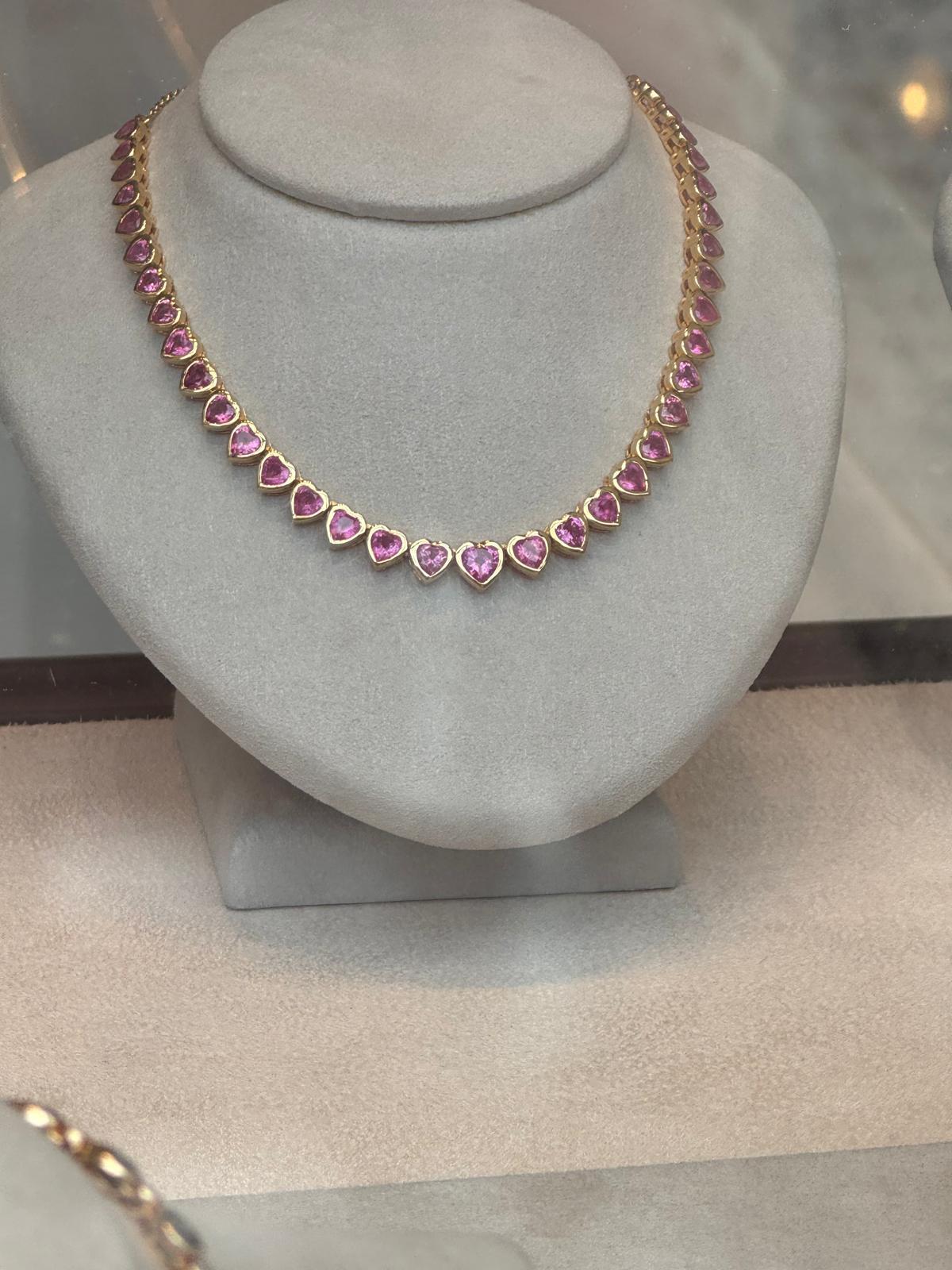 Modern Pink Sapphire Heart Tennis Necklace For Sale
