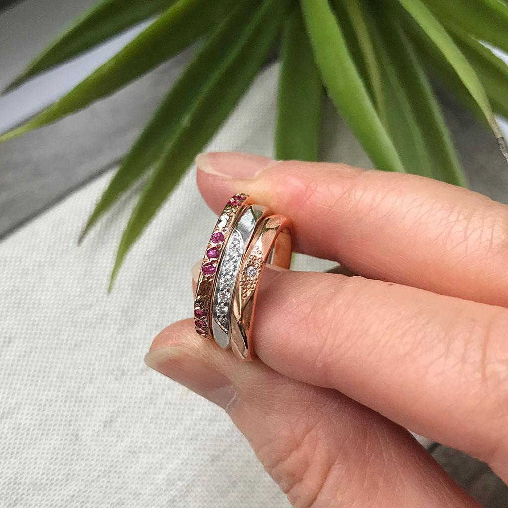 For Sale:  Pink Sapphire in 14 Karat Textured Rose Gold band from K.MITA - Small 3