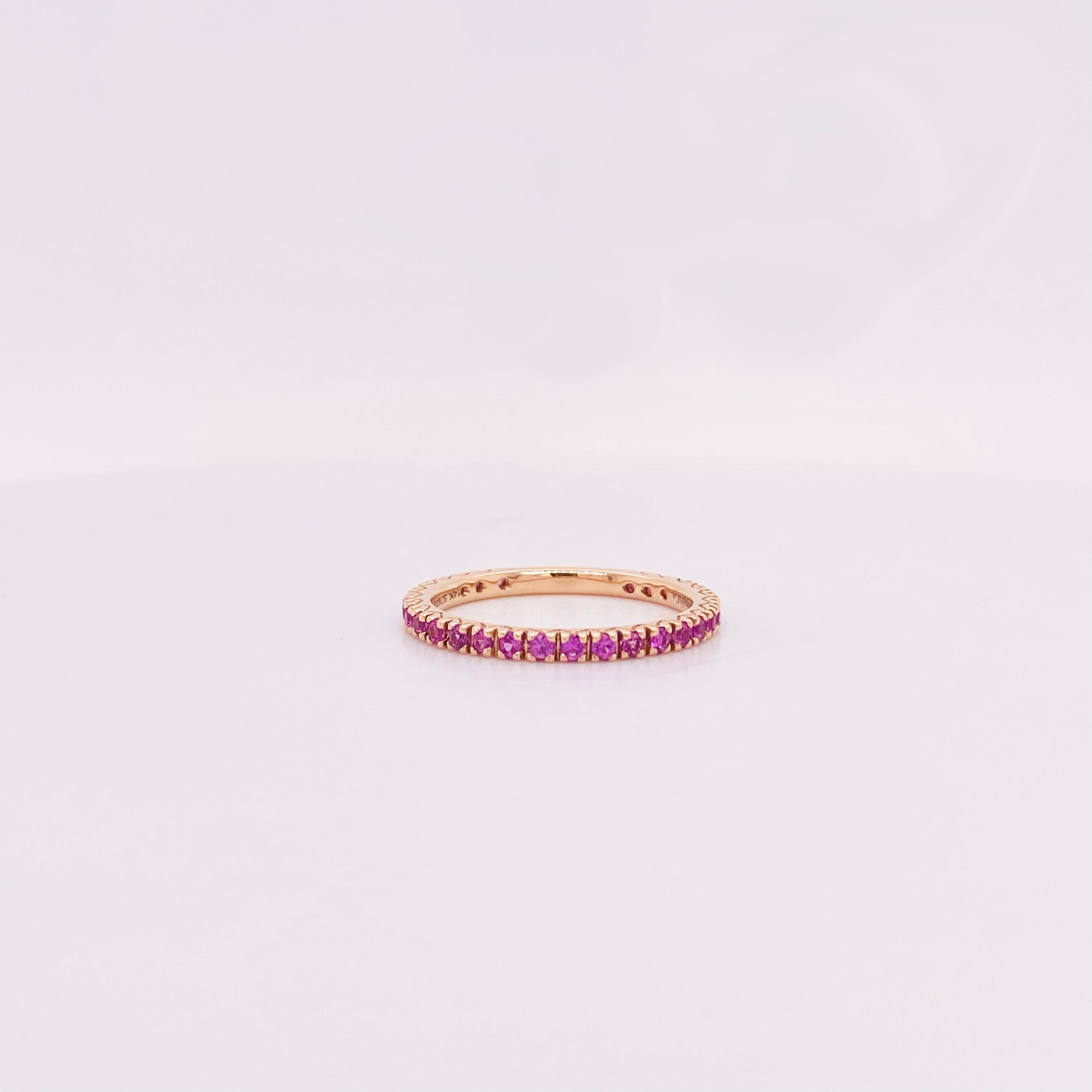 For Sale:  Pink Sapphire Laura Band Set in 14k Rose Gold, Stackable Pink 3