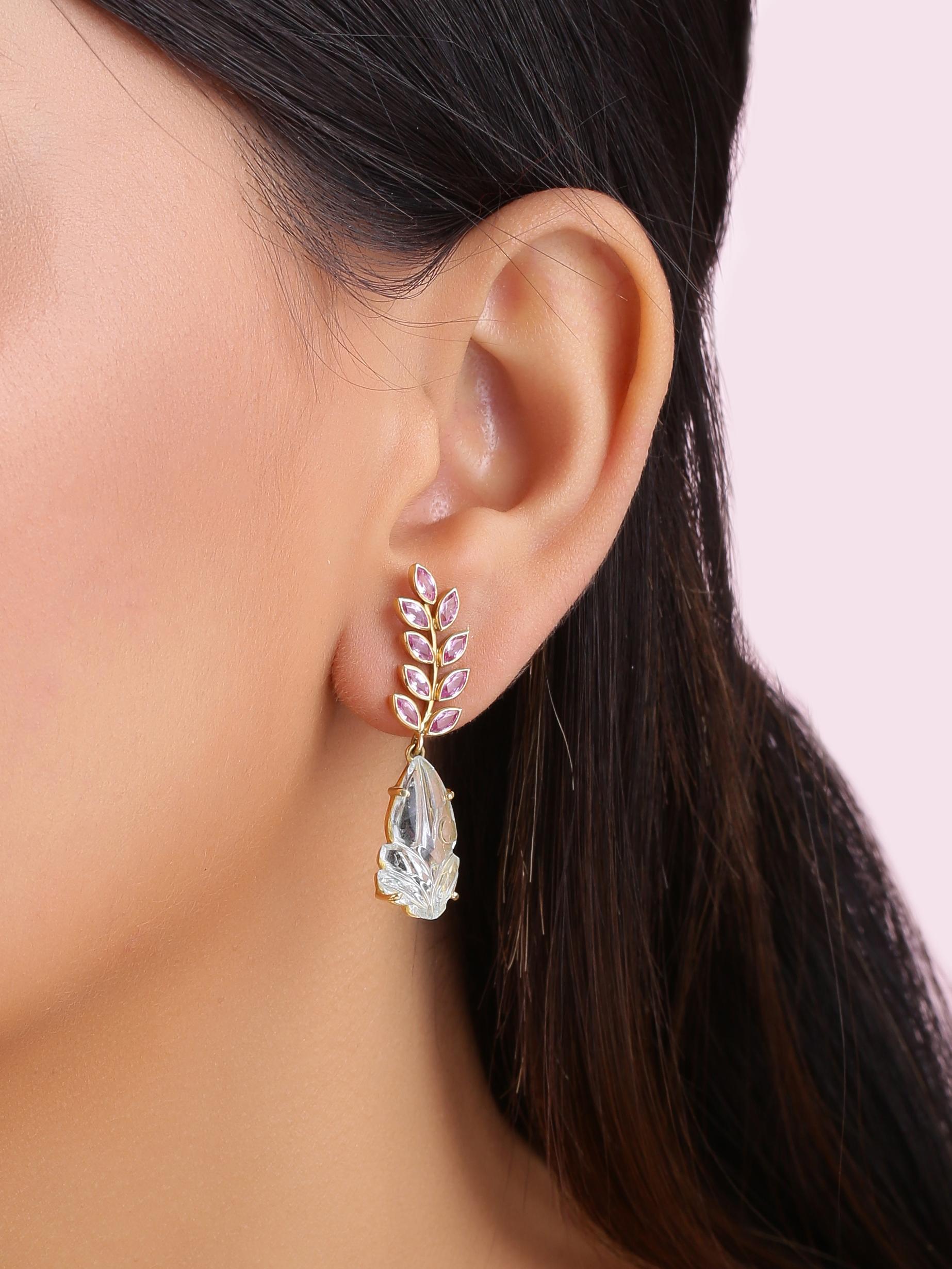 Modern Pink Sapphire Marquise and Hand Carved Aquamarine Earring Handmade in 18K Gold