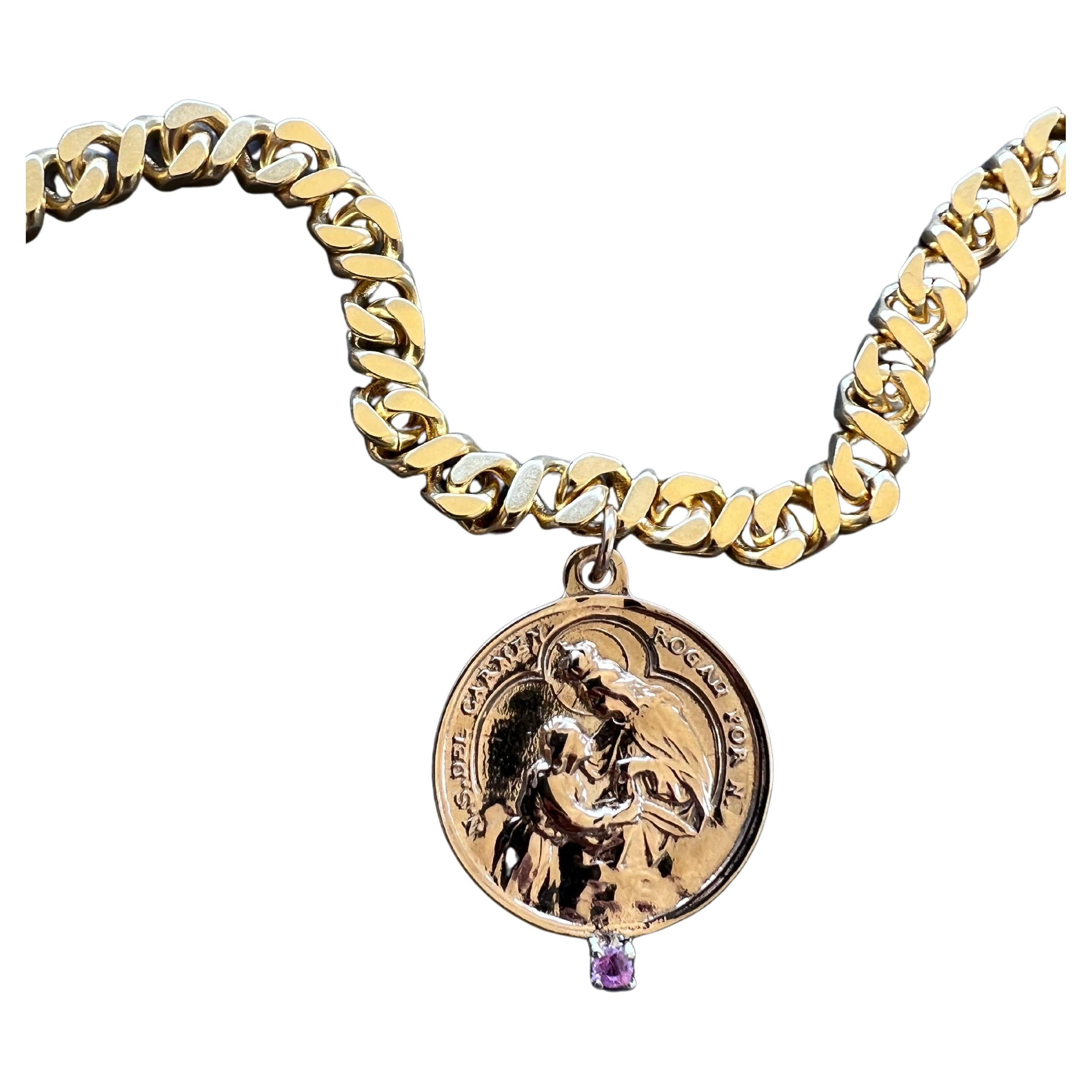 Chaîne collier ras du cou J Dauphin avec médaille en saphir rose Virgin del Carmen en vente