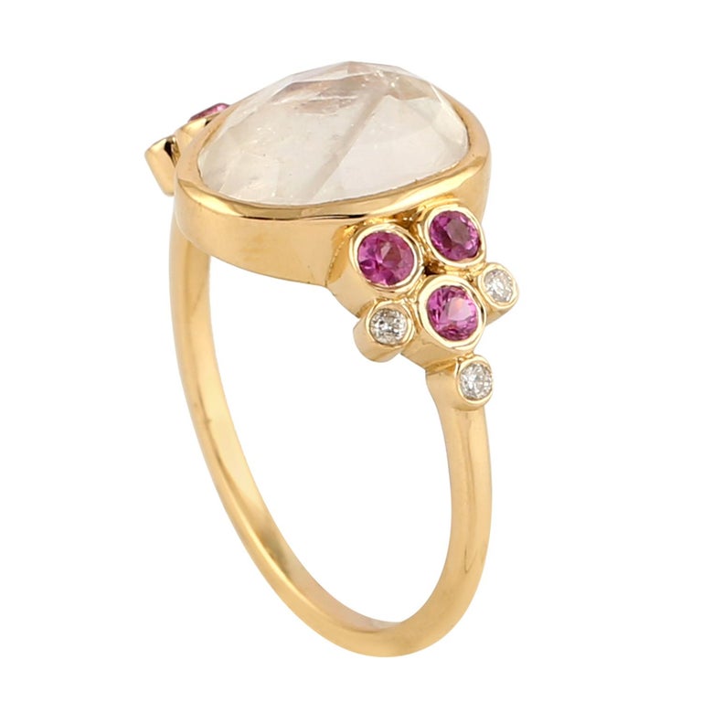 Meghna Jewels Pink Sapphire Moonstone Diamond 14 Karat Gold Ring
