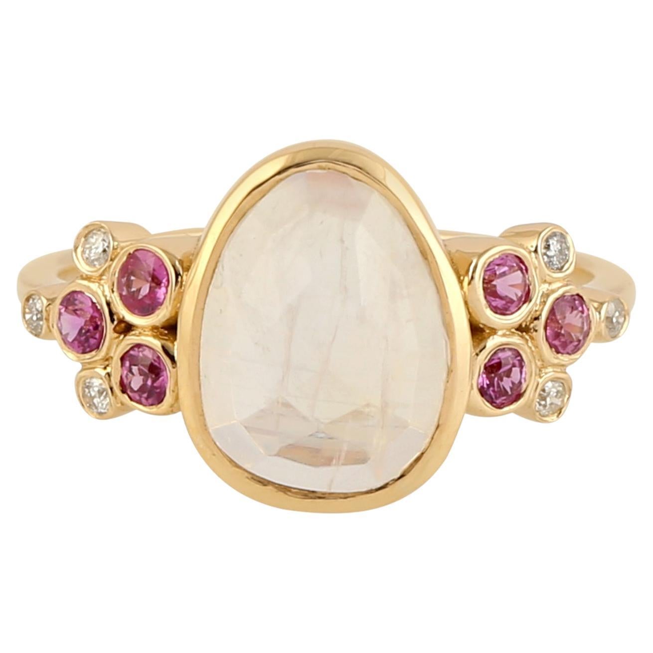 Pink Sapphire Moonstone Diamond 18 Karat Gold Ring For Sale