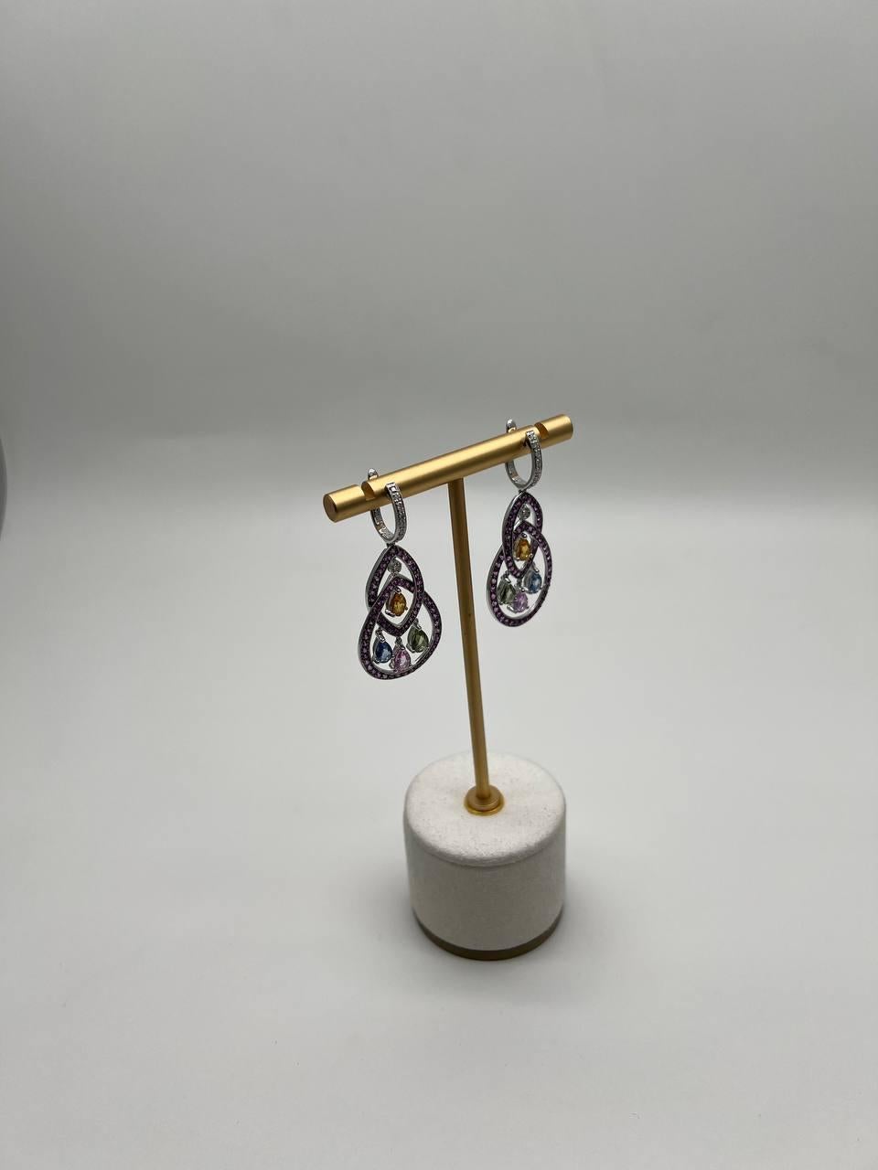 Pink Sapphire Multi Color Gem Diamonds 14K White Gold Dangle Statement Earrings For Sale 6
