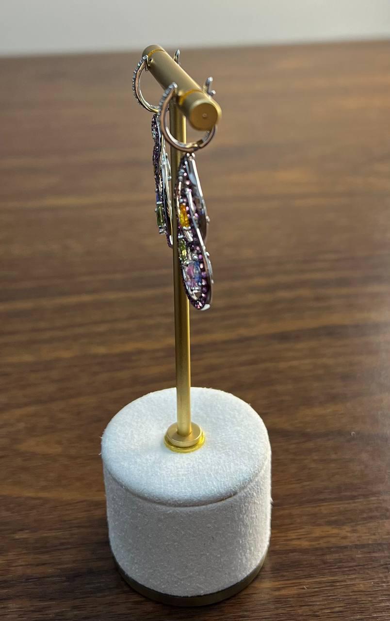Pear Cut Pink Sapphire Multi Color Gem Diamonds 14K White Gold Dangle Statement Earrings For Sale