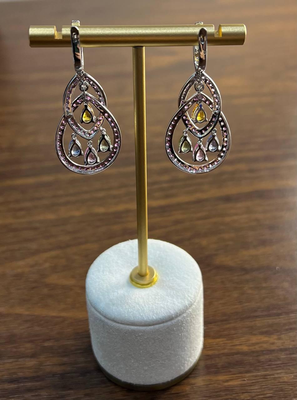 Women's Pink Sapphire Multi Color Gem Diamonds 14K White Gold Dangle Statement Earrings For Sale