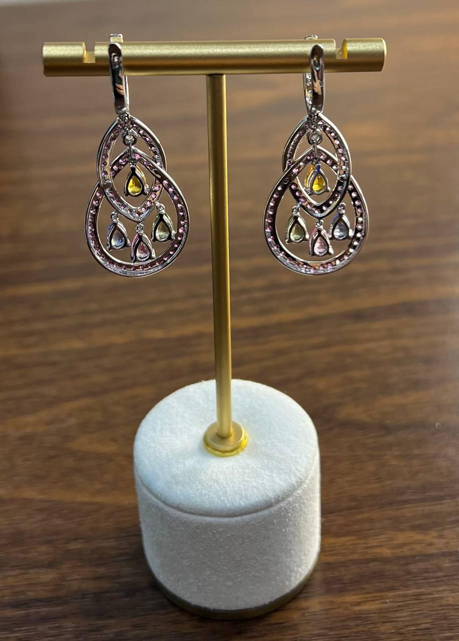 Pink Sapphire Multi Color Gem Diamonds 14K White Gold Dangle Statement Earrings For Sale 1