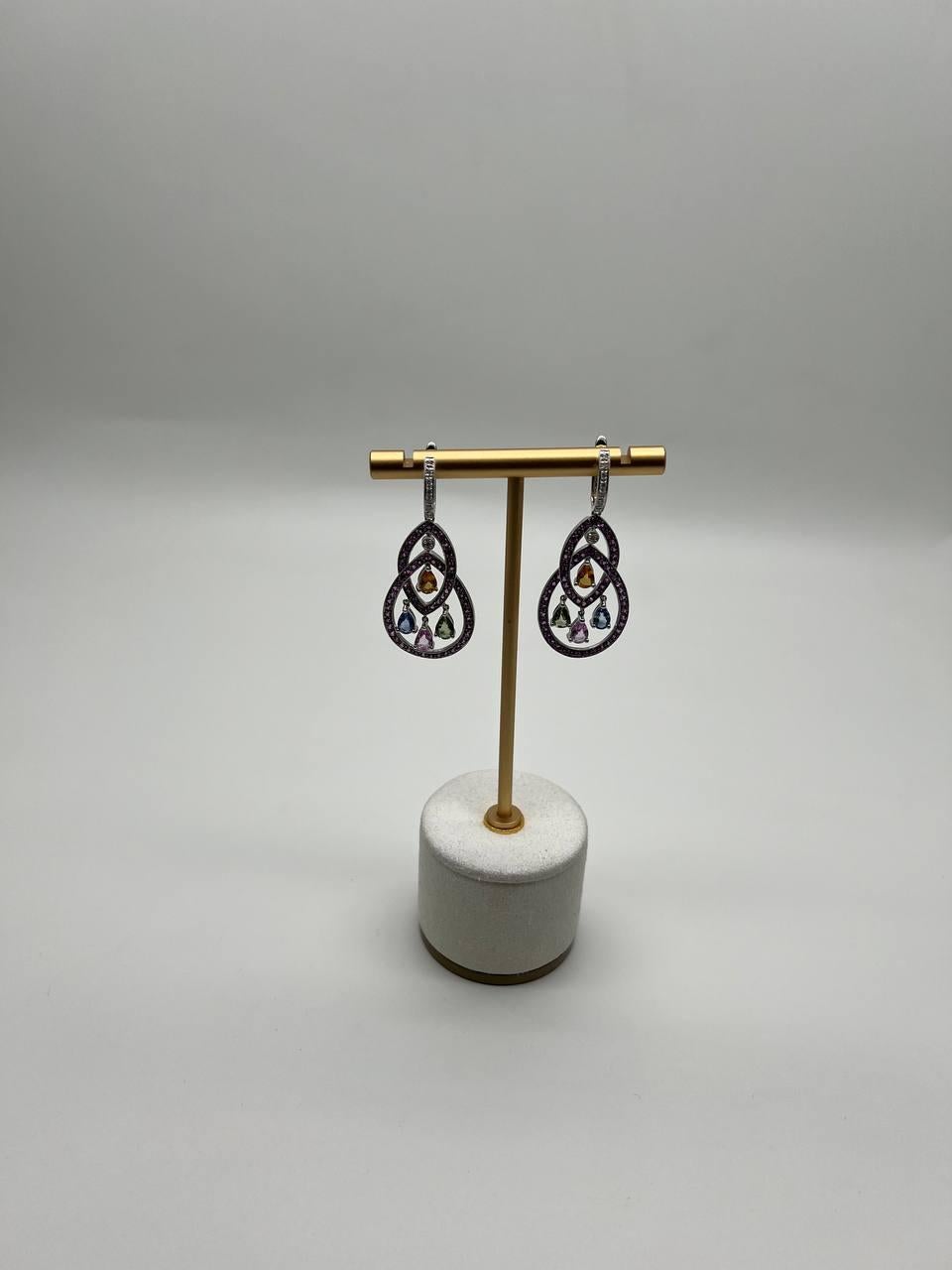 Pink Sapphire Multi Color Gem Diamonds 14K White Gold Dangle Statement Earrings For Sale 2
