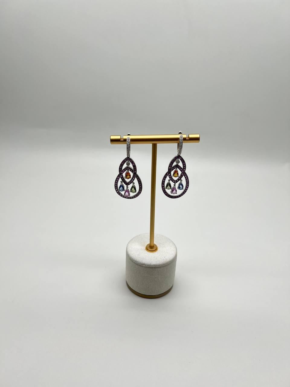 Pink Sapphire Multi Color Gem Diamonds 14K White Gold Dangle Statement Earrings For Sale 3