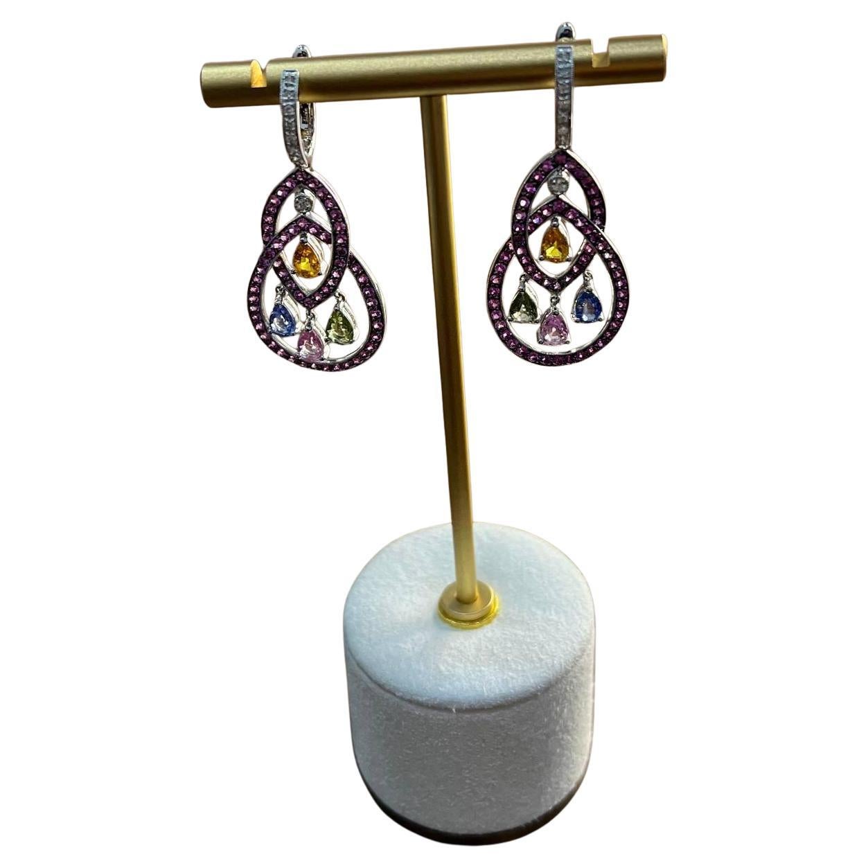 Pink Sapphire Multi Color Gem Diamonds 14K White Gold Dangle Statement Earrings
