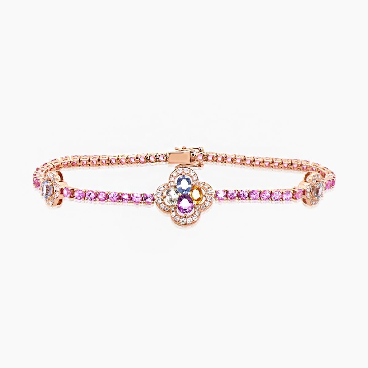 Pink Sapphire Multi-Color Sapphire & Diamond 18K Gold Four Leaf Clover Bracelet In New Condition For Sale In Oakton, VA