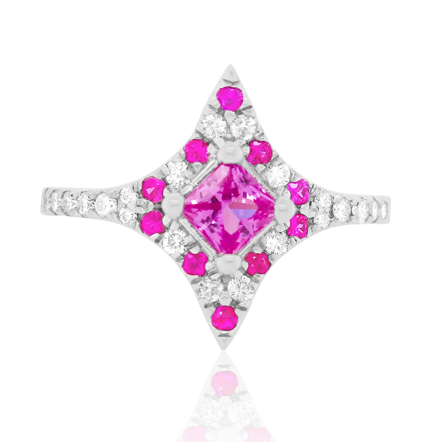 Princess Cut Pink Sapphire, Multi-Color Sapphire and Diamond Marquise Shield Inspired Ring