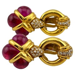 Pink Sapphire & Natural Diamond 18k Yellow Gold Earrings