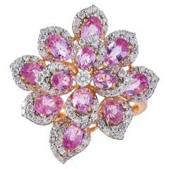 Pink Sapphire Natural Diamond Cluster Flower Ring in 14K Solid Gold (Certified)