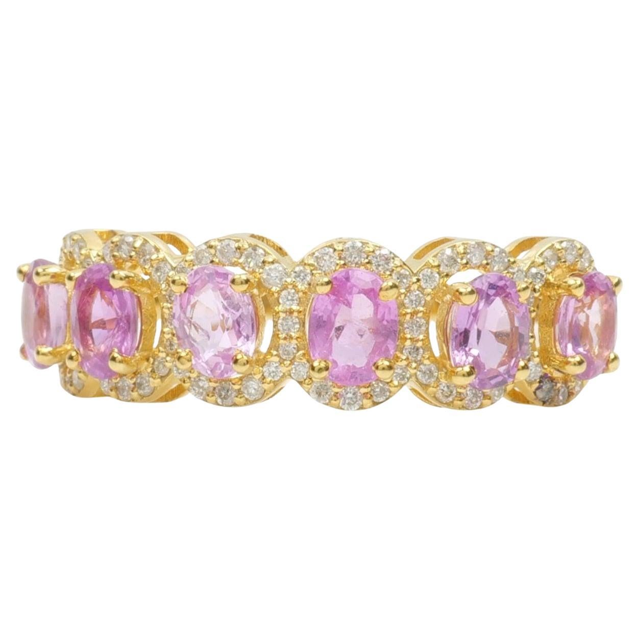 Bague d'éternité en or massif 14K avec saphir rose et diamant naturel (certifié) en vente