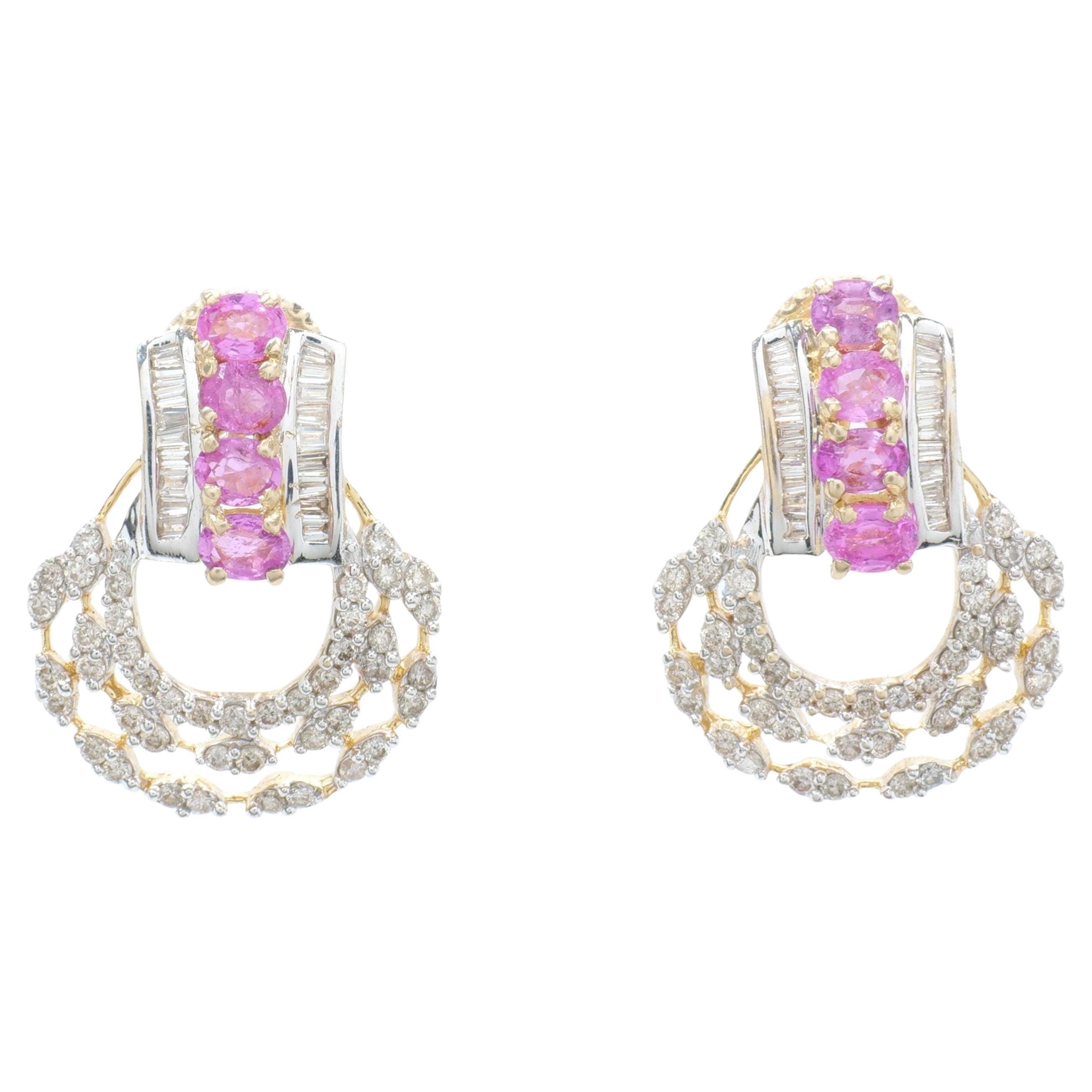 Pendientes de zafiro rosa con diamante natural en oro macizo de 14 quilates (certificado)