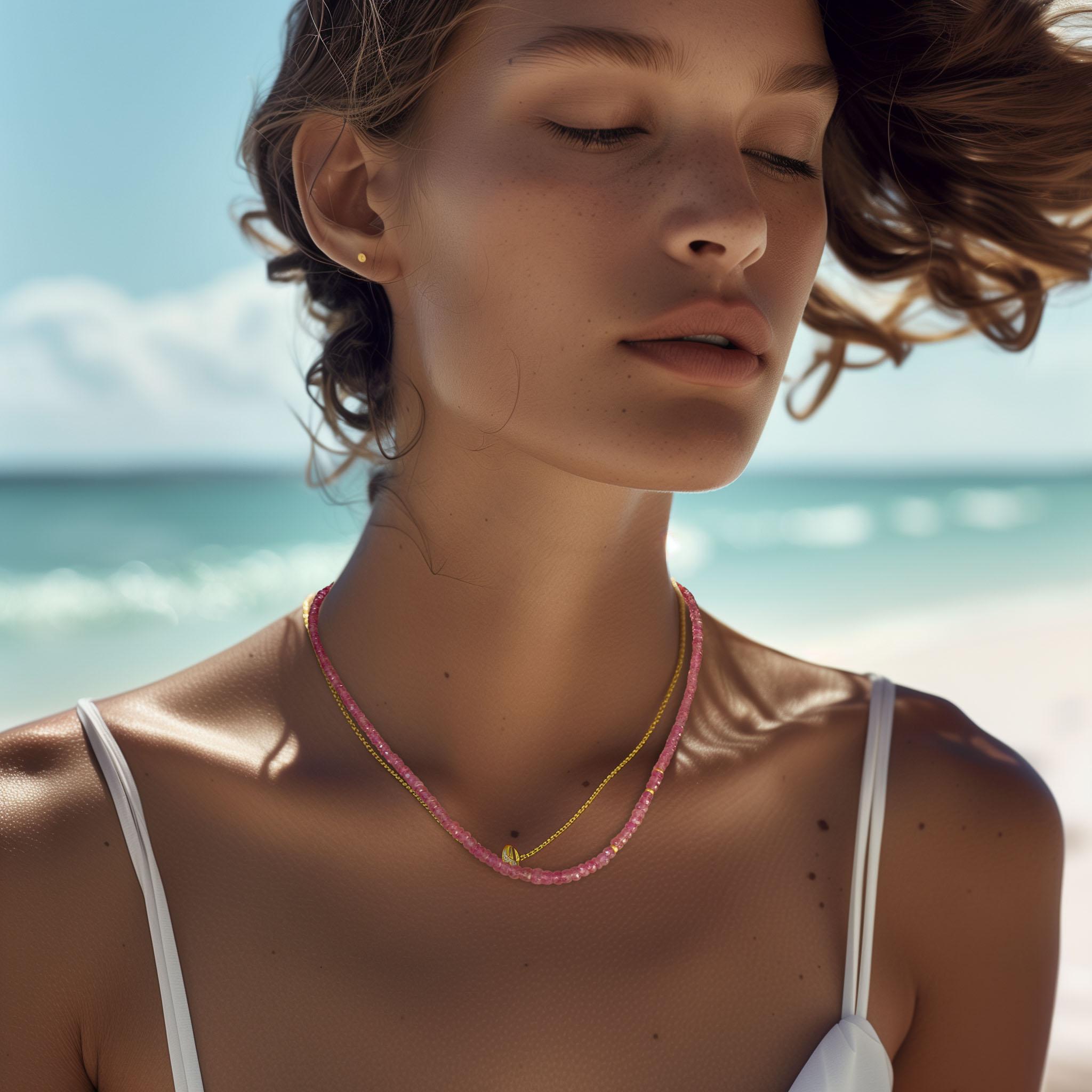 Radiate feminine power with this captivating pink sapphire necklace from Bombyx House. The vibrant gemstones command attention while exuding a sense of refined grace.

	•	16