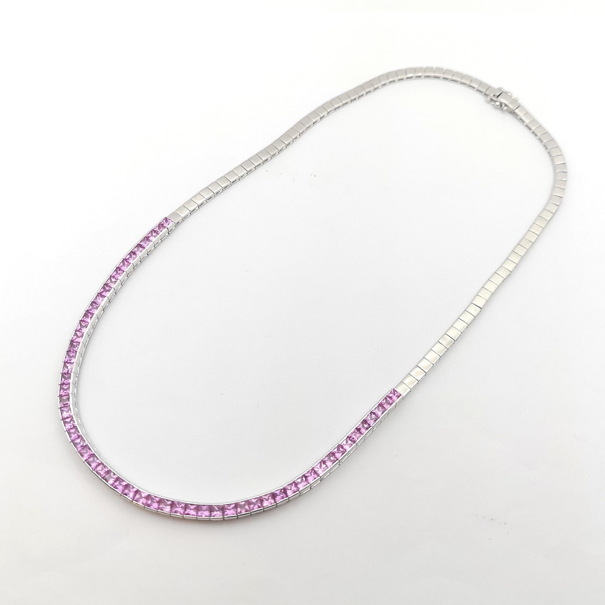 Princess Cut Pink Sapphire Necklace set in 18K White Gold Settings For Sale