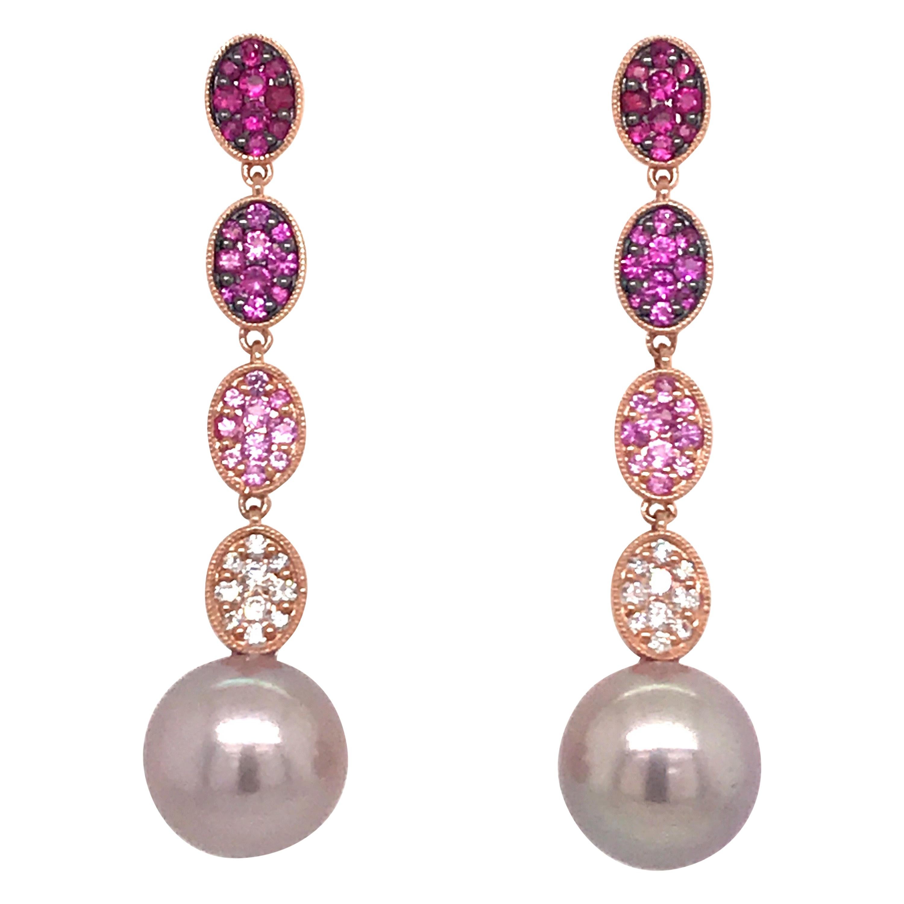 Pink Sapphire Ombree Diamond South Sea Pearl Drop Earrings 166 Carat 18 Karat For Sale