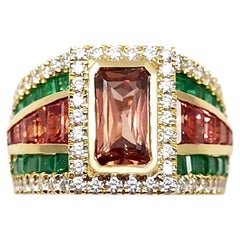 Pink Sapphire, Orange Sapphire, Emerald and Diamond Ring set in 18K Gold Setting