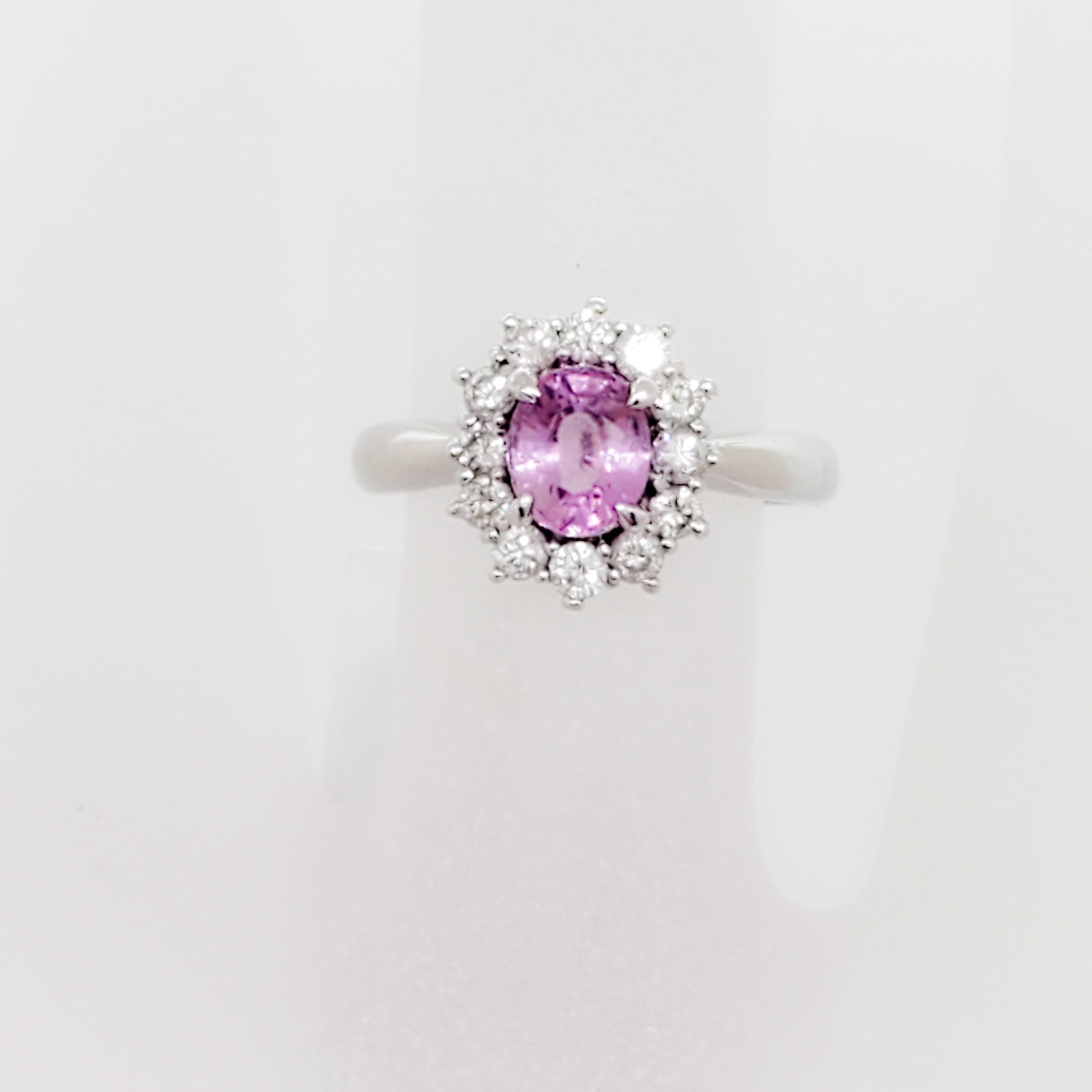 Pink Sapphire Oval and White Diamond Cluster Ring in Platinum In New Condition In Los Angeles, CA