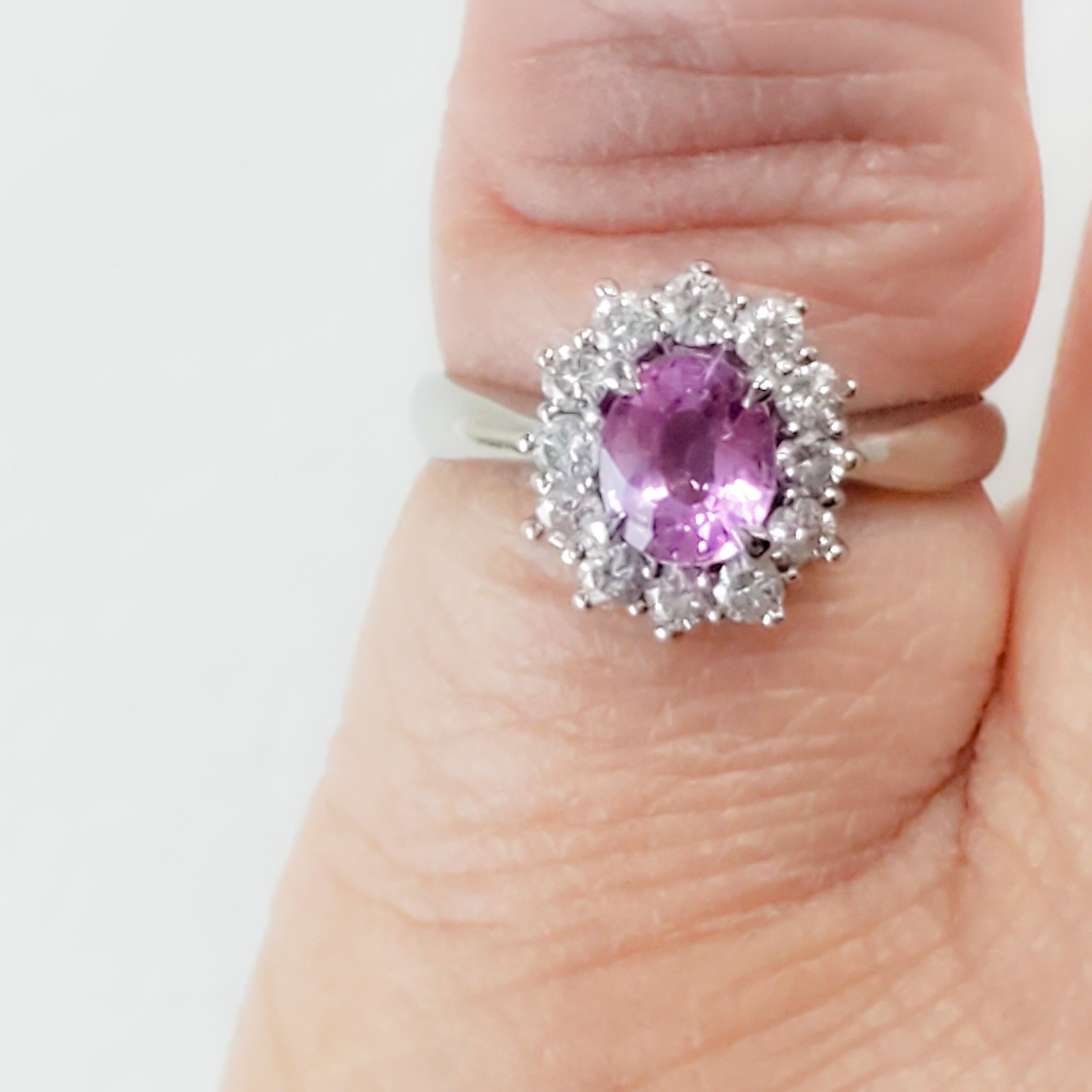 Women's or Men's Pink Sapphire Oval and White Diamond Cluster Ring in Platinum