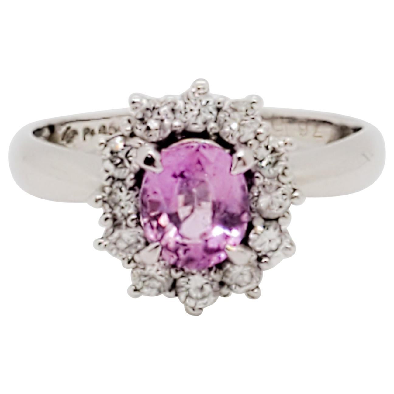 Pink Sapphire Oval and White Diamond Cluster Ring in Platinum