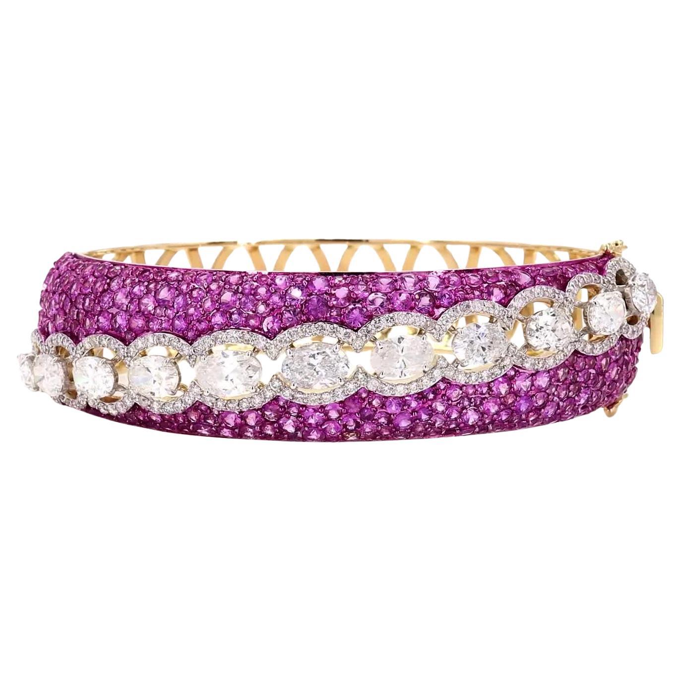 Brazalete ancho de zafiro rosa ovalado y diamante natural en oro macizo de 14k (certificado)