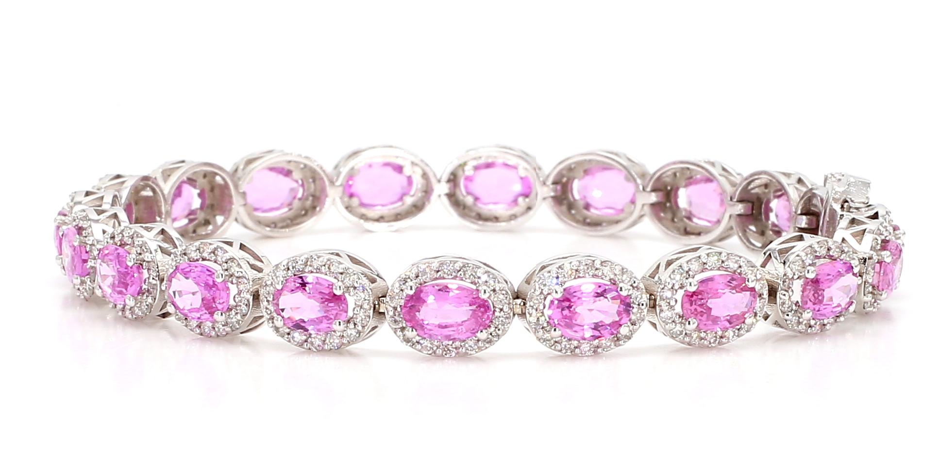 Taille ovale Bracelet à maillons 14 carats avec saphirs roses ovales et halo de diamants 10,40 carats en vente