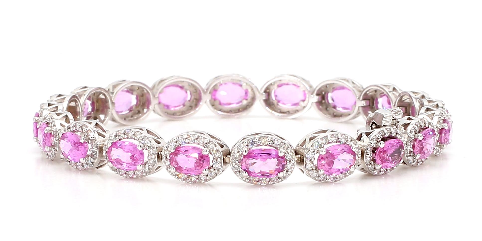 Pink Sapphire Ovals with Diamond Halo Bracelet 14K Link Bracelet 10.40 CT Sapph In New Condition For Sale In New York, NY