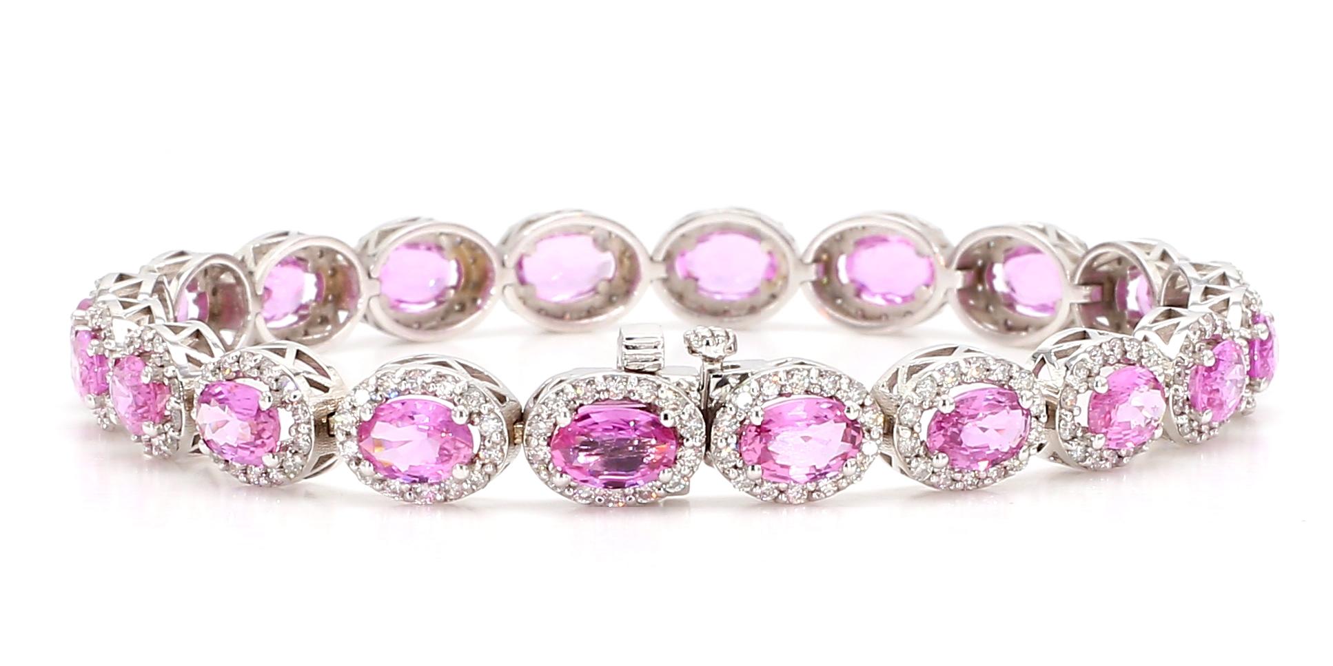 Women's or Men's Pink Sapphire Ovals with Diamond Halo Bracelet 14K Link Bracelet 10.40 CT Sapph For Sale