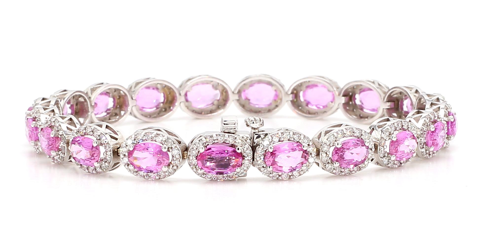 Ovaler rosa Saphir mit Diamant-Halo-Armband 14K Gliederarmband 10,40 CT Saphir Ovals mit Diamant-Halo für Damen oder Herren