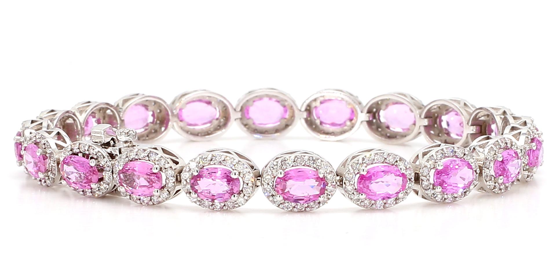 Bracelet à maillons 14 carats avec saphirs roses ovales et halo de diamants 10,40 carats en vente 1